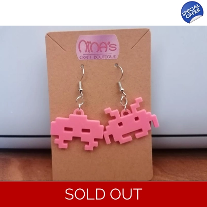 Space Invaders Pink Retro 3D Printed Earrings Set